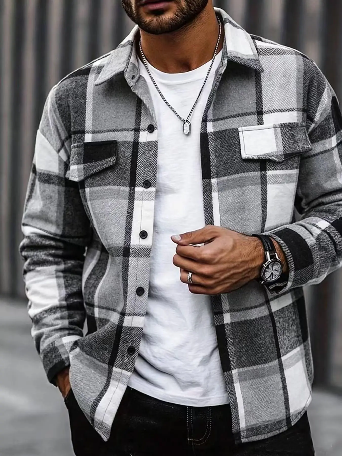 Men's Plaid Checked Long Classic Shirt Jacket, Long Sleeve Open Front Cardigan Coat, Stylish Loose Outerwear for Men, Perfect for Casual Wear, Comfortable and Trendy Design