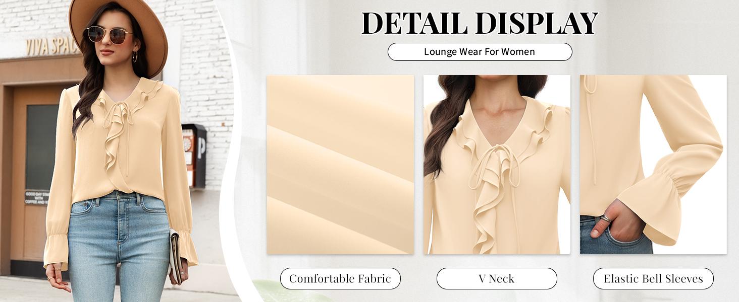 Women's Long Sleeve Chiffon Blouse with Ruffle Cuffs V Neck Tunic Top for Dressy Casual Wear Fall Trendy Work Shirts