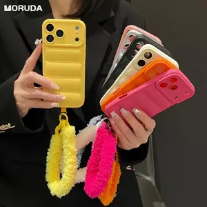 Fashion Down Jacket Plush Lanyard Case for iPhone 16 17 Pro Max Air 15 14 Plus 12 13 11 X Xr Xs Furry Hand Wrist Strap TPU Cover
