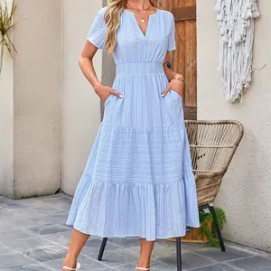 Womens Summer 2026 Casual Midi Maxi Dresses Lightweight Short Sleeve V Neck Elastic Waist Boho Beach Dress Pockets summer clothing womenswear