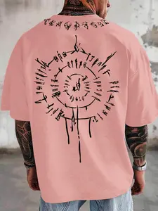 Men's Viking Compass Print Round Neck Graphic Tee, Casual Stylish Tee, Loose Casual Short Sleeve T-shirt for Summer, Men's Top for Daily Wear, Tropical
