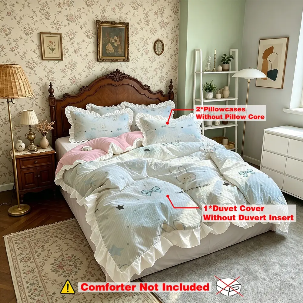 A three-piece printed bedding set (excluding quilt and fleece lining) featuring a blue-base star, rabbit, and bow-tie pattern on the bed skirt and a ruffled bedspread with exquisite white lace designs, suitable for use in bedrooms, guest rooms, children's