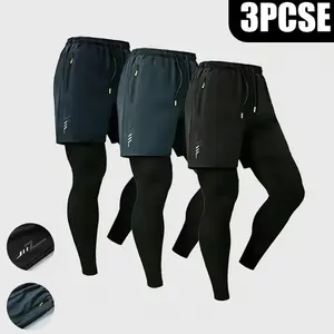 Summer Men’s 3-Pack 2-in-1 Running Pants - Quick Dry Double-Layer Compression Leggings with Built-in Shorts, Elastic Waist, Zipper Pockets, Moisture-Wicking for Gym, Jogging
