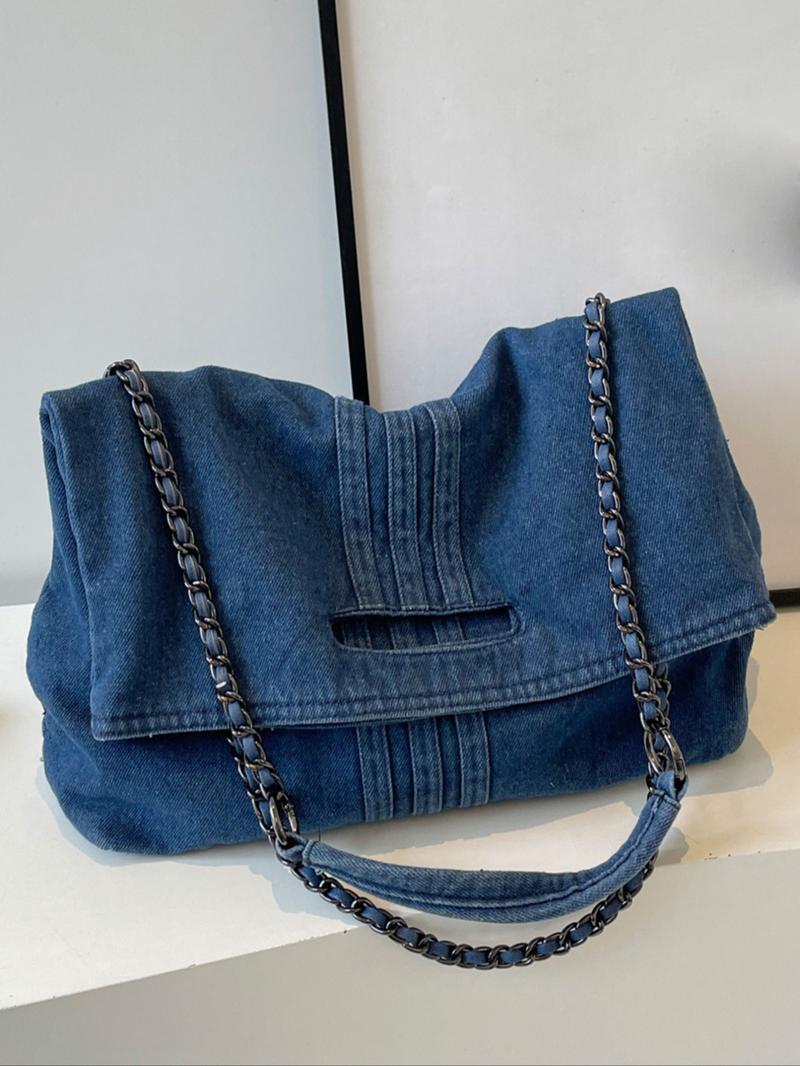 Women's Denim Shoulder Bag, Large Capacity Chic Chain Crossbody Strap Bag for Daily Used, Casual Trendy Versatile High-quality Daily Commuting Bag