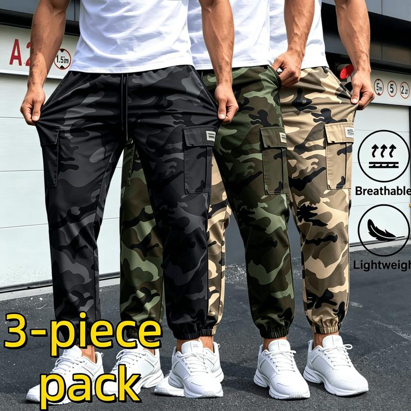 Men's 3-Piece Camouflage Nylon Hiking Work Pants - Adjustable Elastic Drawstring Waist, Multi Pockets, Elastic Ankle Cuffs, All Seasons, Cold Wash - Versatile Outdoor Joggers for Hiking, Daily Commuting