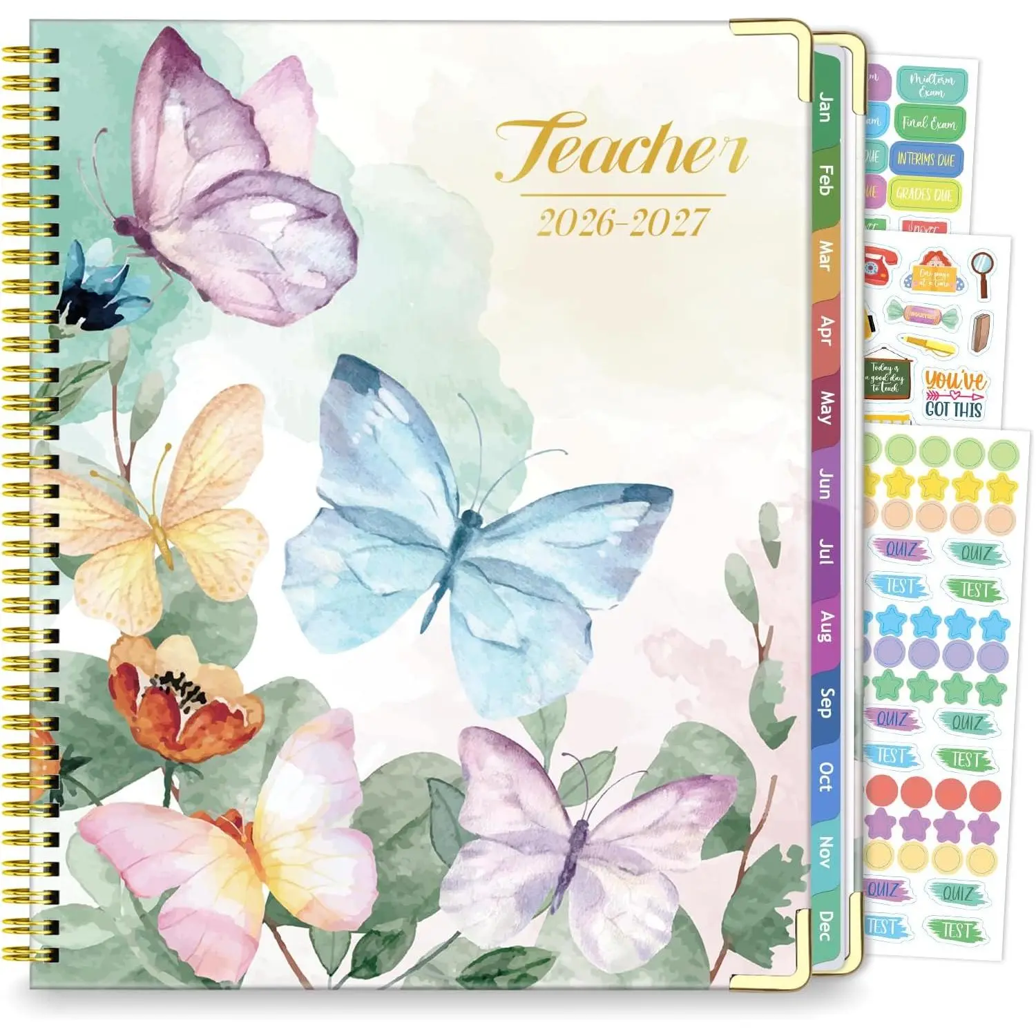 2026-2027 Teacher Planner Academic Year, 14 Checklists 8.5"x11" Lesson Book | Jul 2026-Jun 2027,  Corners, Thick No-Bleed Paper, Spiral Hardcover, Colorful Tabs, for Classroom, Butterfly