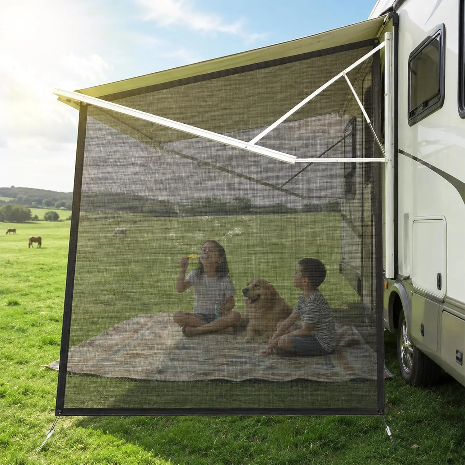 RV Awning Side Sun Shade Screen 9'x7', 7.9oz Heavy-Duty Mesh Sun Shade Privacy Screen, UV Blocker Sunhade Screen for Motorhome Camper Trailer Completed Kits