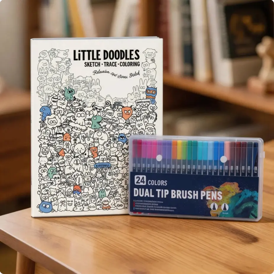 Artistic Relaxation Kit: Soft-Tip Doodling & Fine-Tip Sketching/Tracing — A4 3-in-1 Sketchbook(sketch + Trace + Coloring) + Dual-Tip Watercolor Pens (Soft/Fine, No Bleed, Washable) | Kids' Birthday Gift / Adult Art Supplies