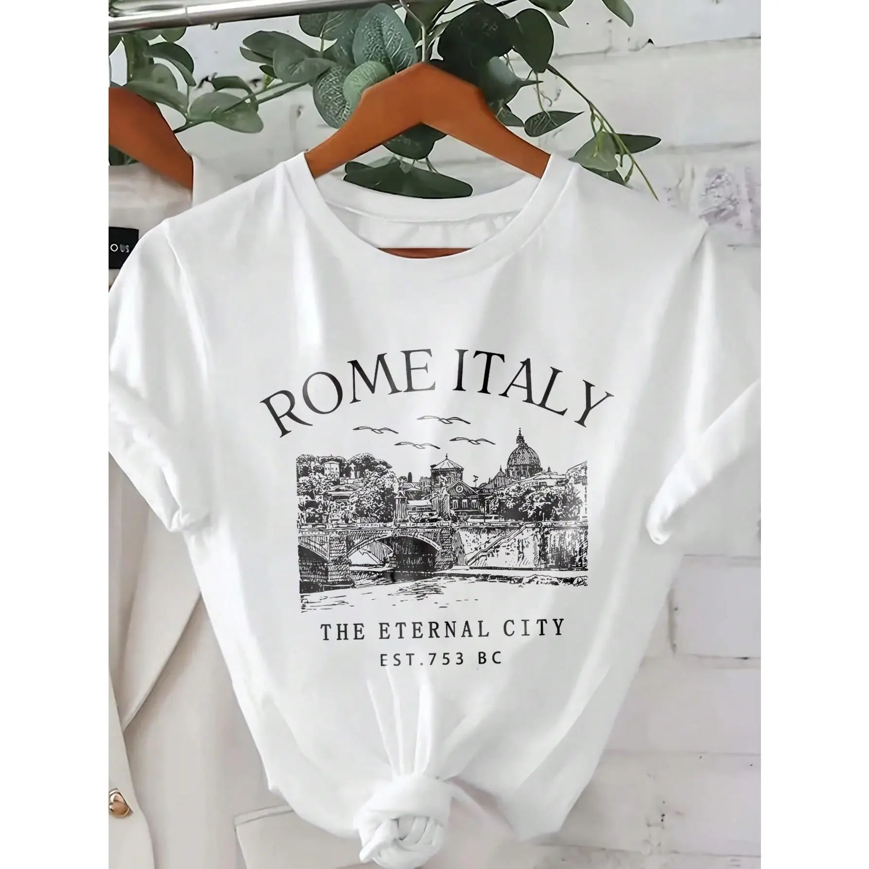 Roman Italy Shirts Italy Skyline T-Shirt Women's Casual Round Neck Short Sleeve Tee ROME ITALY THE ETERNAL CITY EST 753 BC Graphic Tees Women Tops