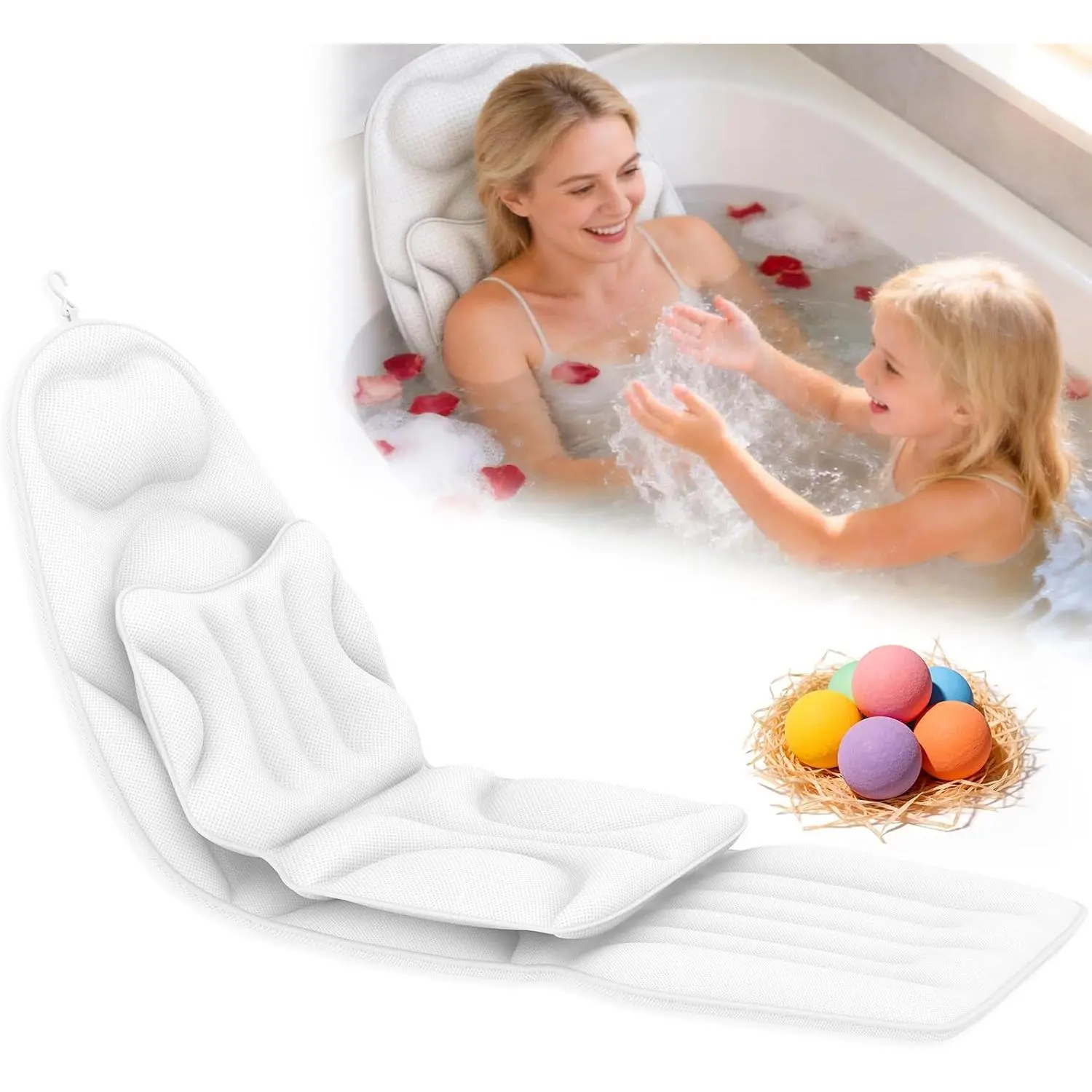 Deluxe Full  Bath Pillow, 5D Bathtub Cushion - Stacking Cushions | Thickened Soft Relaxation Bathtub Pillow, Provides Support for The , , and — (Includes Bath Bombs)