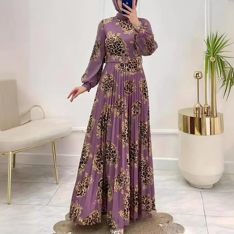 Casual Floral Print High Waist Long Dress Long Sleeve Round Neck Ramadan Women's Clothing