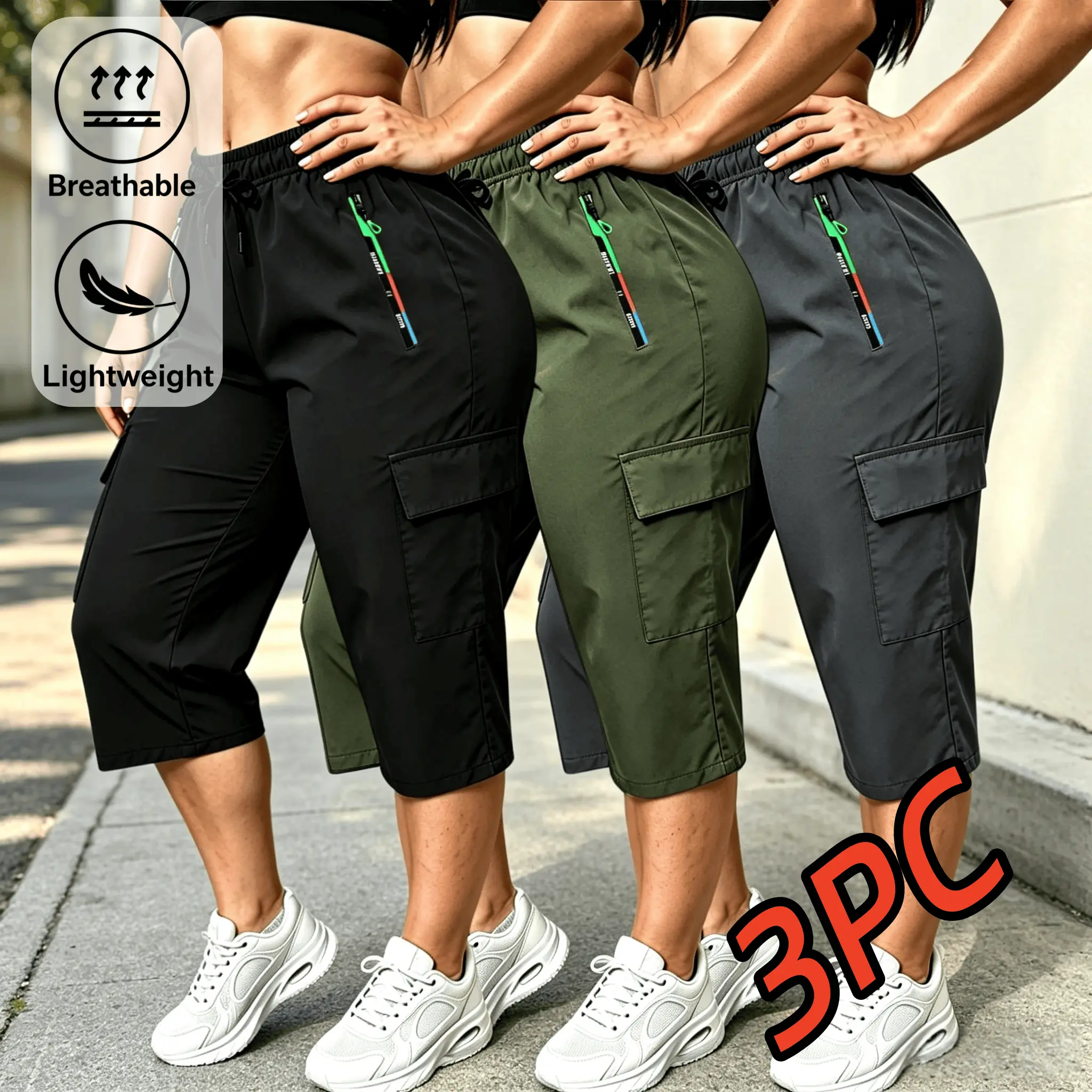 3PC Summer Fashion Trend Women's Workwear Cropped Pants, Lightweight, Breathable, Adjustable Drawstring Suitable for Daily Outings, Dates, and Other Occasions, A Gift for People