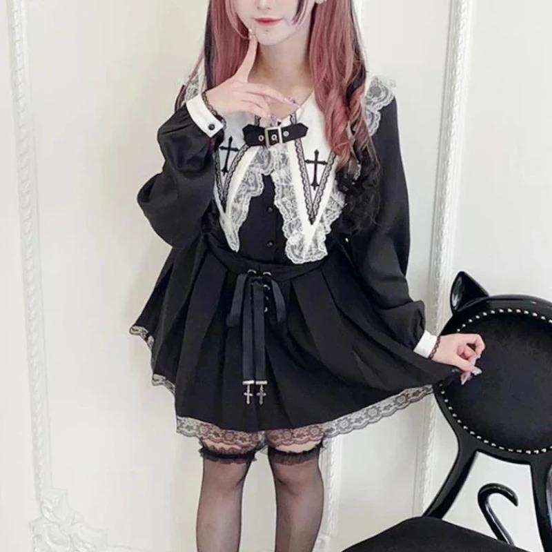 Japanese Gothic Lolita Loose Blouses Sweet Lace Ruffles Embroidery Sailor Collar Shirt Women Punk Style Y2k Long Sleeve Top 2026