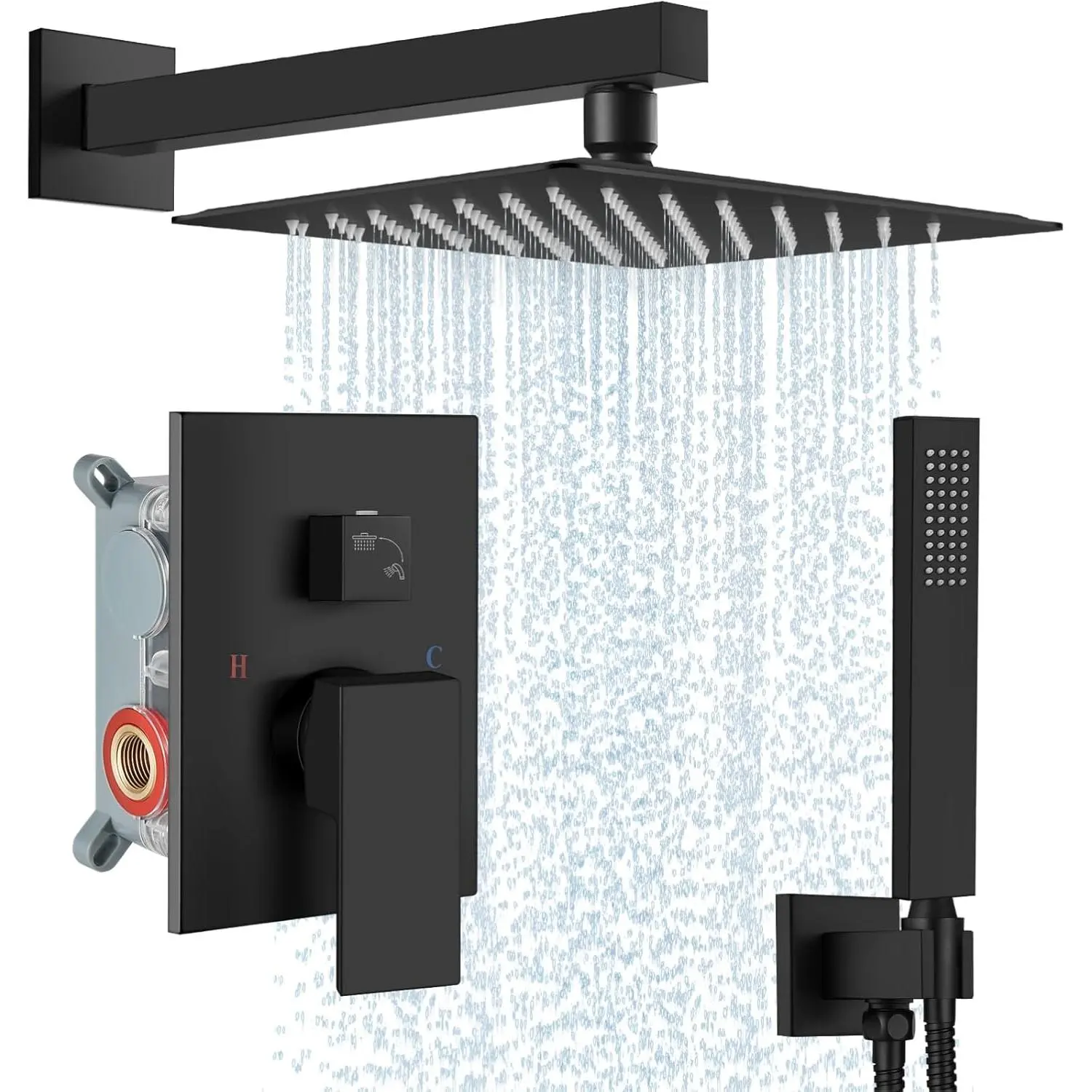 Shower Faucet Set with Handheld Sprayer,10 Inch,Matte Black | Rough-in Shower Valve and Trim Kit Included,Square Rain ,Wall Mount Shower System, Metal,Bathroom