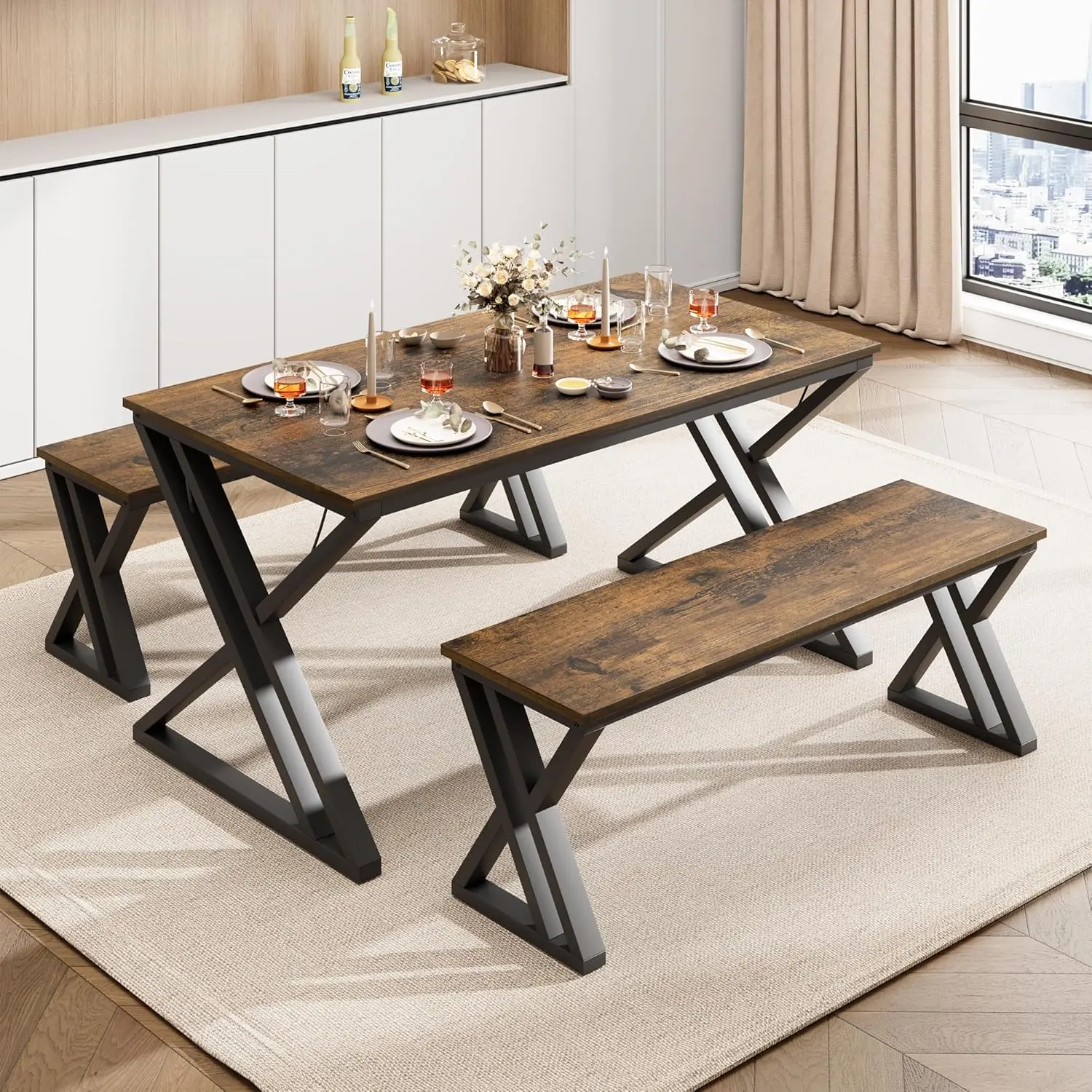 Kitchen Table with 2 Benches, Rectangular Dining Table Set for 4, Space-Saving Table Set with Durable X-Shaped Metal Frame, for Kitchen, Dining Room, Apartment, Sturdy Metal Frame, Brown/White