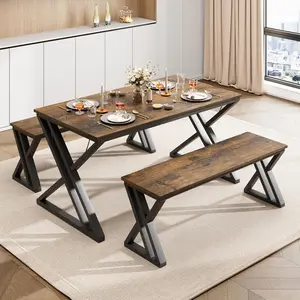 Kitchen Table with 2 Benches, Rectangular Dining Table Set for 4, Space-Saving Table Set with Durable X-Shaped Metal Frame, for Kitchen, Dining Room, Apartment, Sturdy Metal Frame, Brown/White