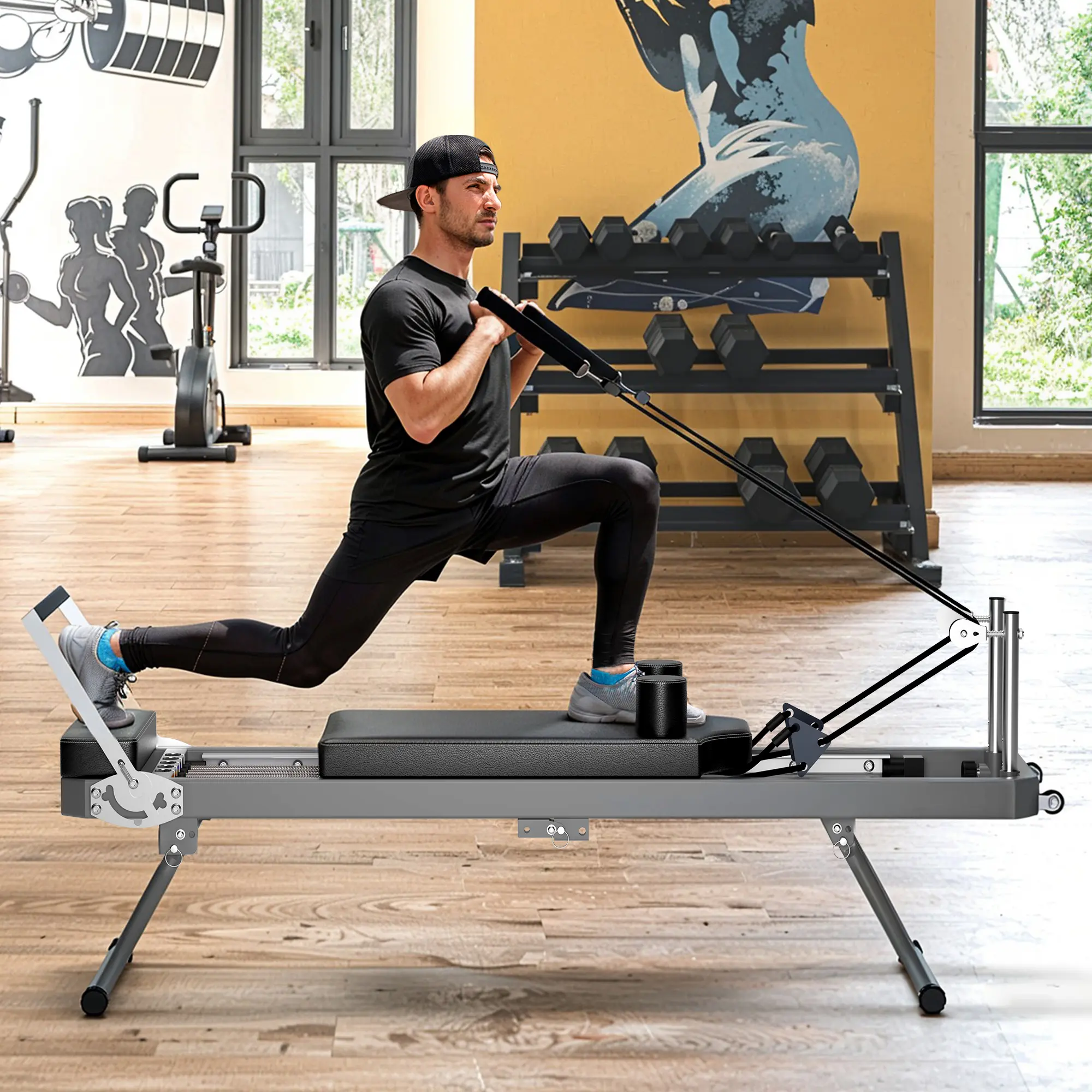 Nokaa Unisex Extra Large Pilates Reformer Machine for Home Gym - 395 lbs Cap. Strength Training Equipment with Resistance Cords, Aerobic Rebounder, Black Iron Frame, Posture Improvement