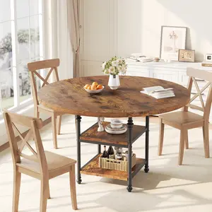 Space-Saving Circle Dining Room Table for 4, Wood Table with Metal Legs & Adjustable Feet,