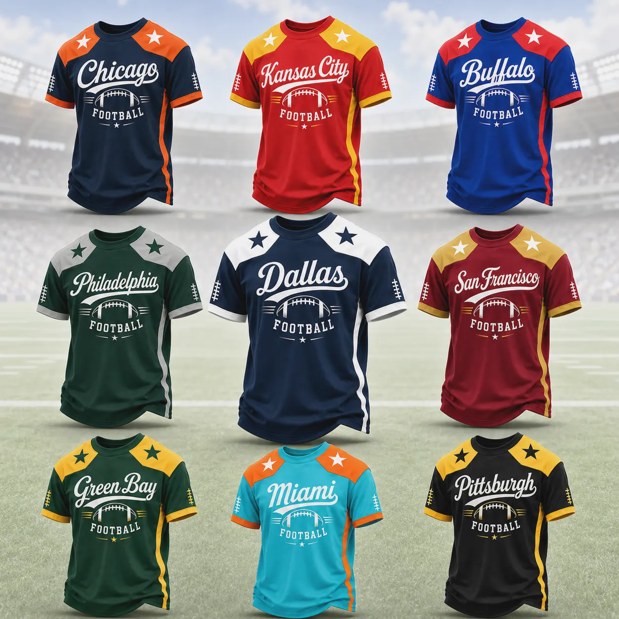 Unisex Chicago Dallas 32-City American Football Graphic T-Shirt, Multi-Size Oversized Relaxed-Fit Short-Sleeve Tee, Patchwork Stars Lone Star Sports Print Casual Streetwear Top for Football Fans