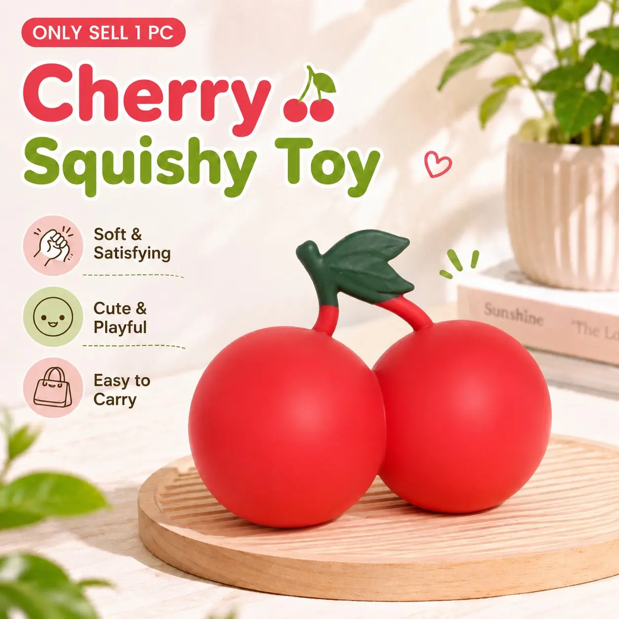 Cherry Squishy Squeeze Stress Relief Toy, Cherry Squishy Squeeze Stress Ball, Squishy Stress Balls, Soft Cute Fruit Shaped Squeeze, for Travel & Classroom Toy, Desk Home Office Travel and Party Favor Use