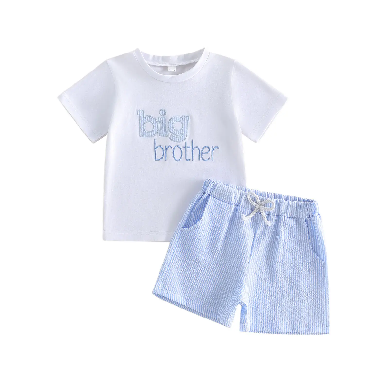 Saliuentm Toddler Baby Boy 2-Piece Summer Outfit Set - Short Sleeves Crew Neck Striped Shirt with Big Brother Letter Embroidery, Elastic Band Striped Shorts for 18-24 Months, 2-3 Years