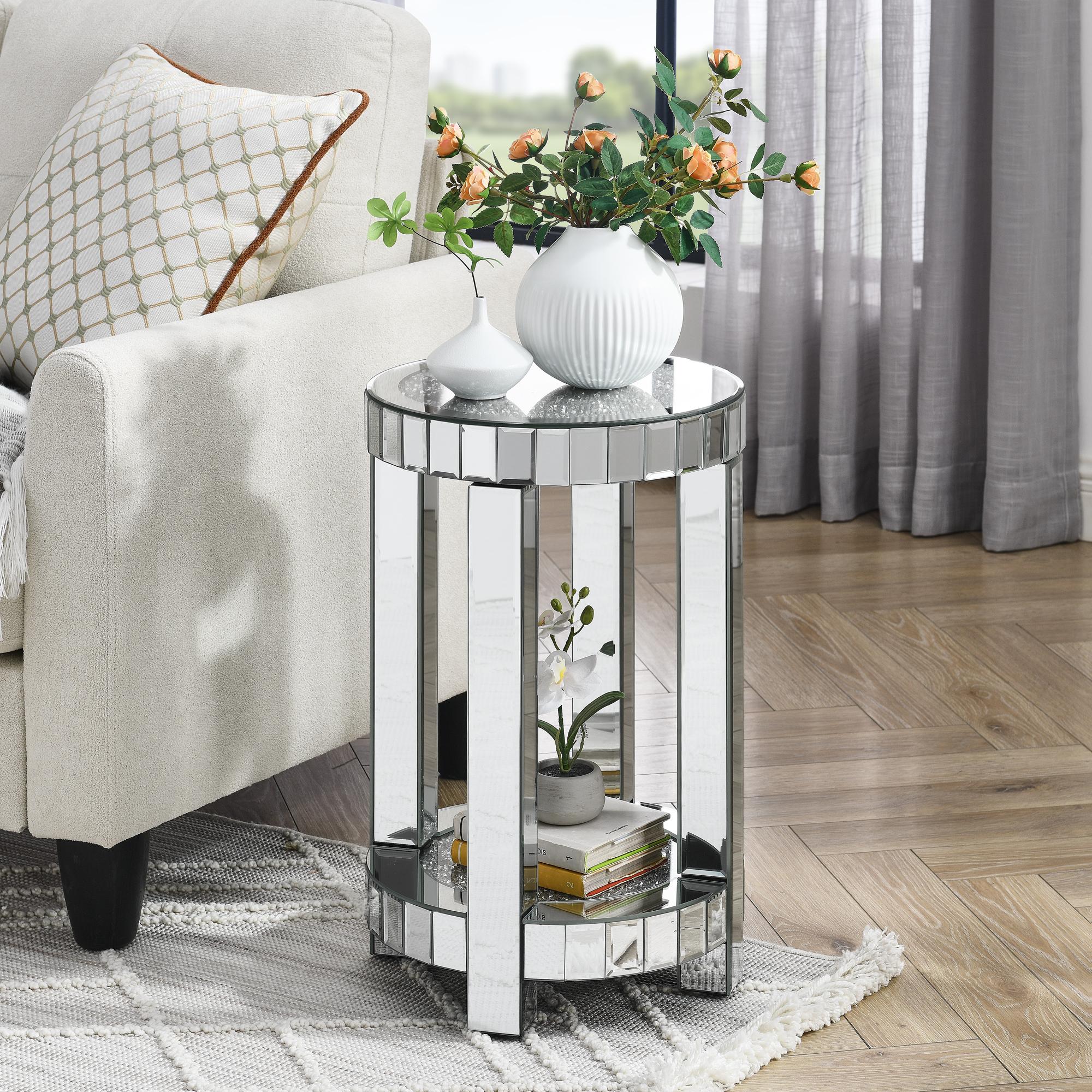 Mirror round table with crystal inlay, 2-layer modern small sofa table with storage space, silver decorative table suitable for living room, bedroom, coffee and small spaces Rectangular Tabletop White