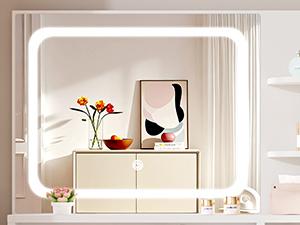 Makeup Vanity Desk with Smart LED Mirror & Charging Station 35.4" White Vanity Table Set with Cushioned Stool 4 Drawers Hairdryer Rack Modern Bedroom Dressing Table White chair light