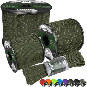 13-Strand Reflective Paracord Rope, 4mm, 1000lb Tensile Strength, 50/100/200/500/1000ft Tactical Parachute Cord for Camping, Survival, Hammock Use, Army Green, 200Ft