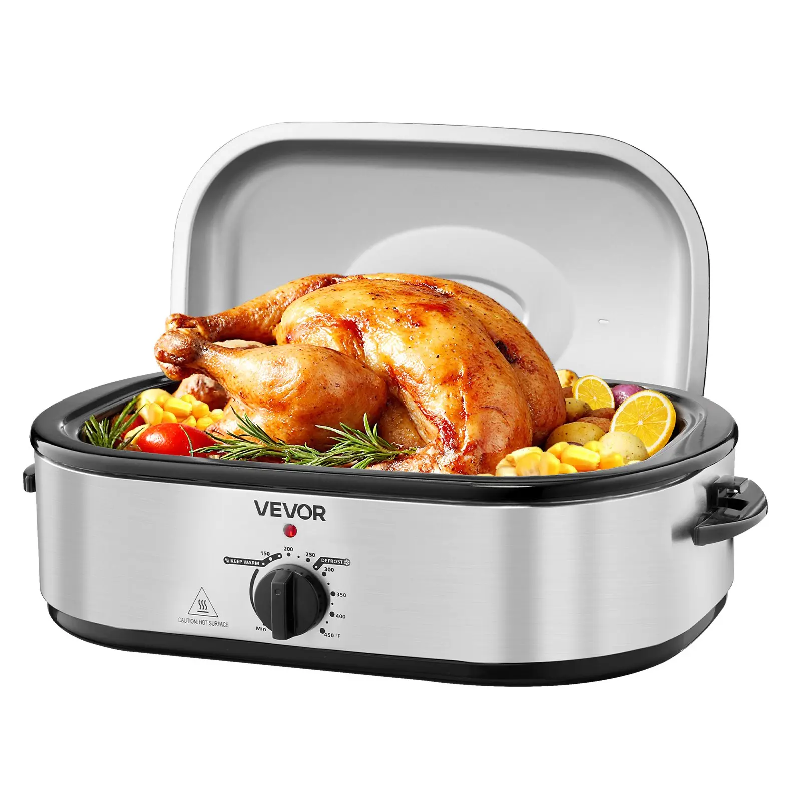 VEVOR Roaster Oven, 14QT Fast-Cooking Turkey Roaster, 150-450 Adjustable Temperature Electric Roasting Pan with Self-Basting Lid, Roasting Lift-Out Rack, Defrost Warm Function, Fits 18lb Turkey