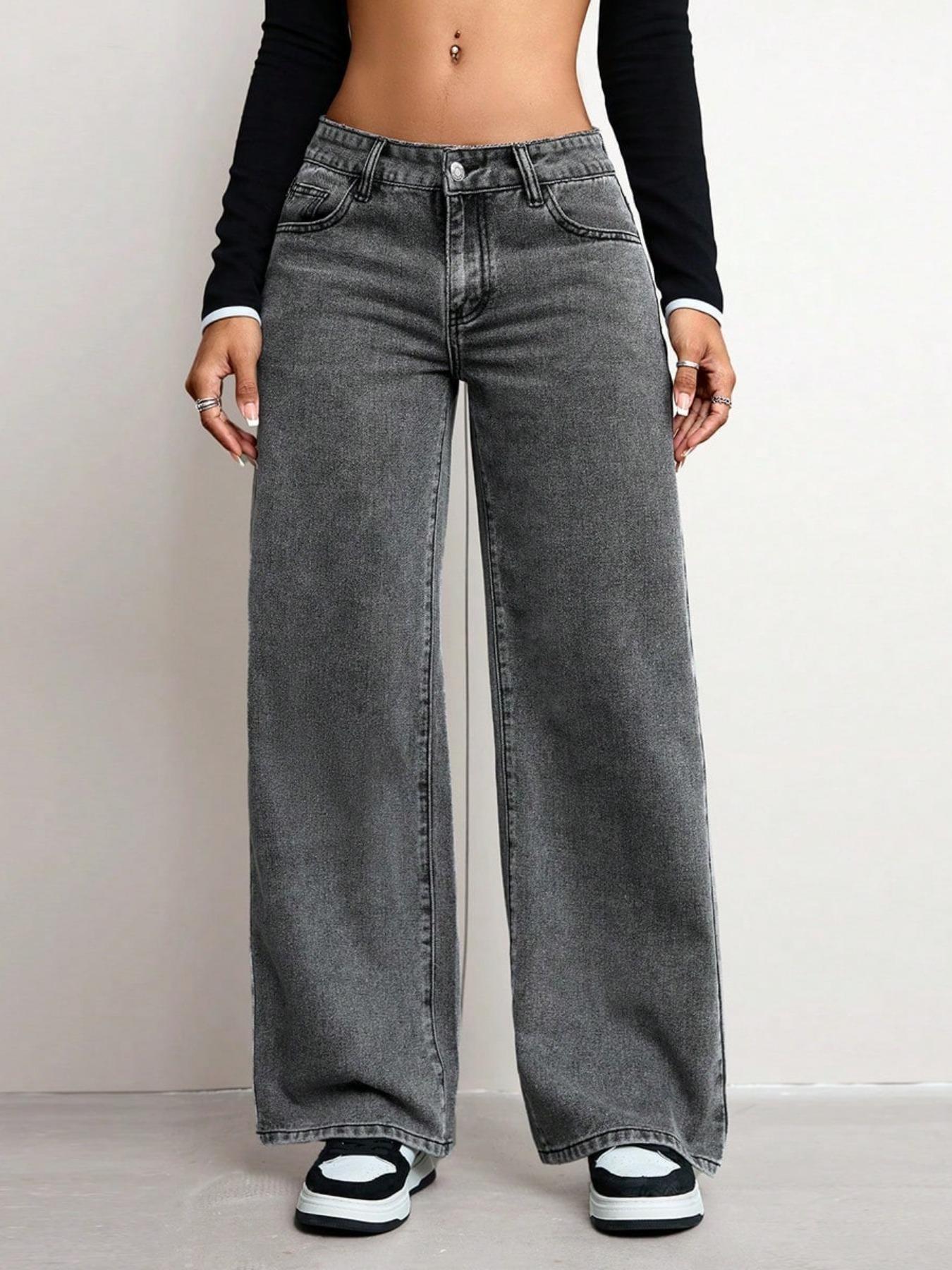 Women's Mid-Waist Wide Leg Straight Denim Jeans, Trendy Coffee Casual Fashion, Zipper Fly, Pockets, All Seasons, Pants