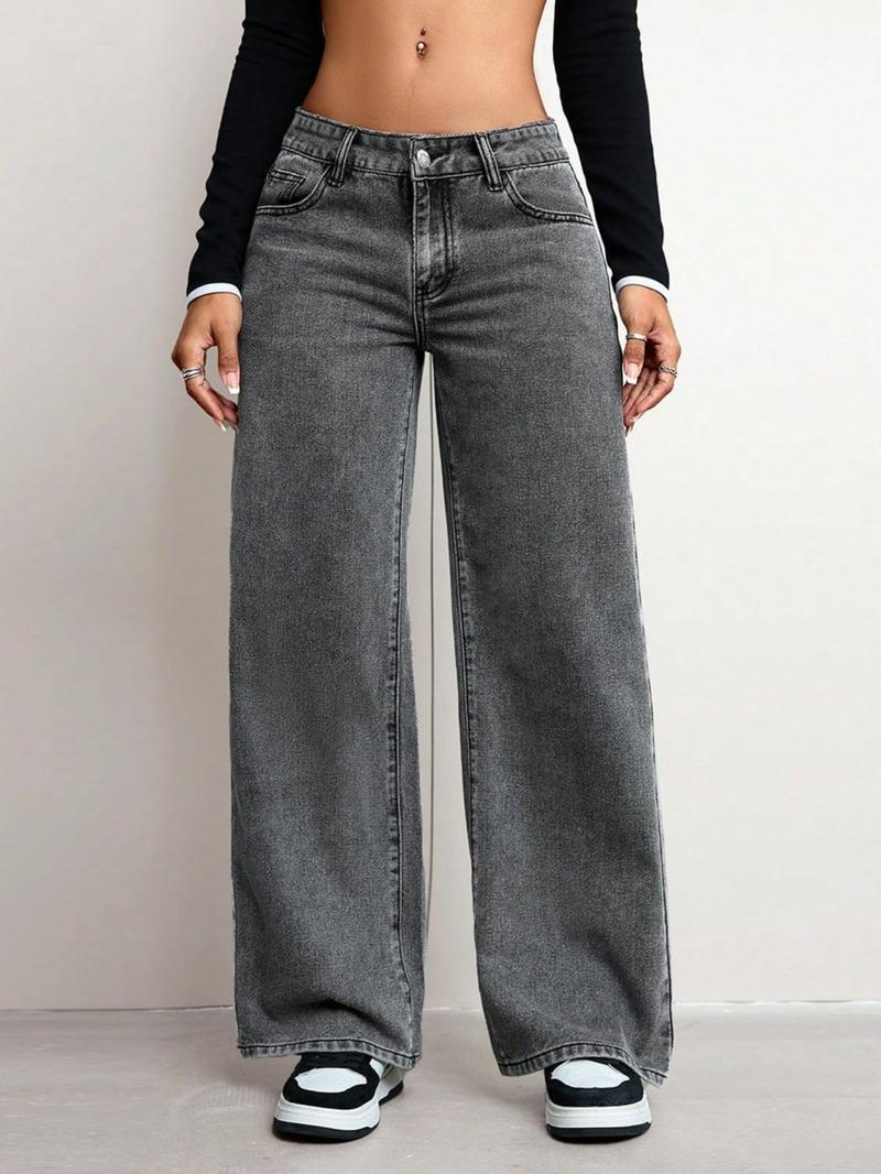 Women's Mid-Waist Wide Leg Straight Jeans, Trendy Coffee Casual Fashion, Zipper Fly, Pockets, All Seasons