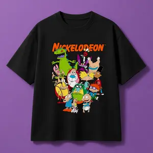 Men's Cotton Round Neck Short-Sleeve T-Shirt, Nickelodeon Cartoon Characters Print, Casual Menswear for Daily Gatherings