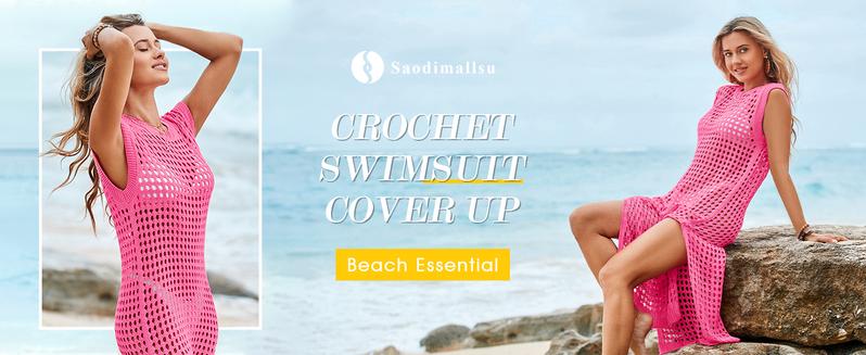 Saodimallsu Womens Crochet Swimsuit Coverup Summer Sleeveless Hollow Out Knit Crewneck Side Split Long Beach Dress