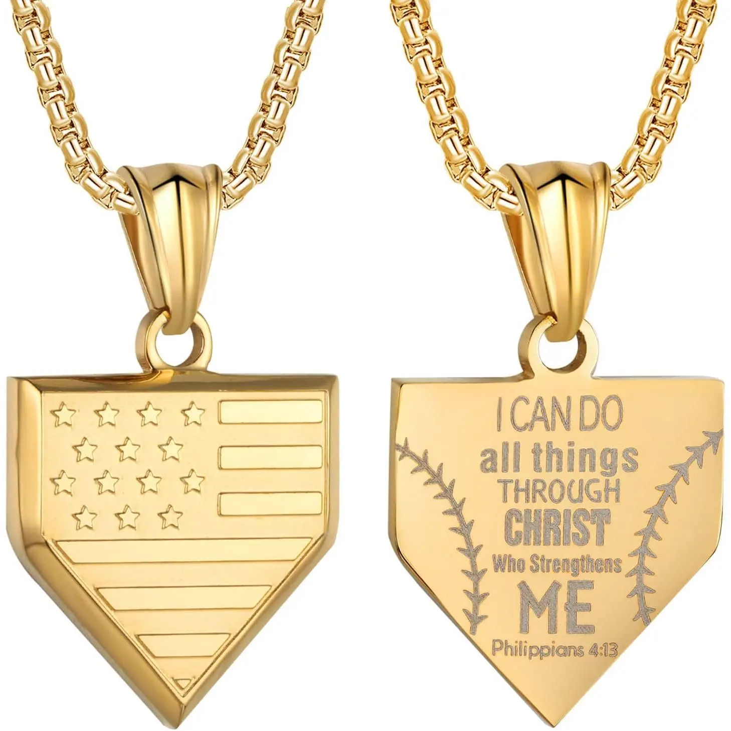 Men's Baseball Plate Necklace, Stainless Steel 3mm Chain (22+2in), 1*0.86in Flag Shield Pendant, Inspirational Patriotic Jewelry for Valentine's Day Gifting to Teachers, Classmates