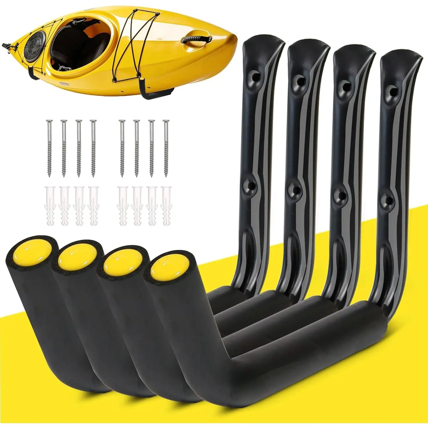 Heavy Duty Garage Storage Hooks - 120 LB Capacity, 4 Pack, 15" Wall Mounted Rack for Hanging Kayak, Paddle Board, Ladders, Bikes - Enforced Kayak Storage Hanger
