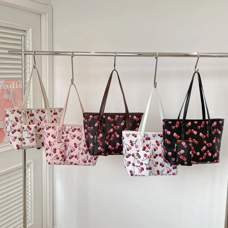 Cute Cherry Tote Bag for Women, Aesthetic Fruit Print Shoulder Purse with Stylish Casual Design, Large Capacity Canvas Handbag for Daily Essentials, Lightweight Fashion Carry Bag for College, Grocery Shopping, Vacation, Picnic & Street Style Looks