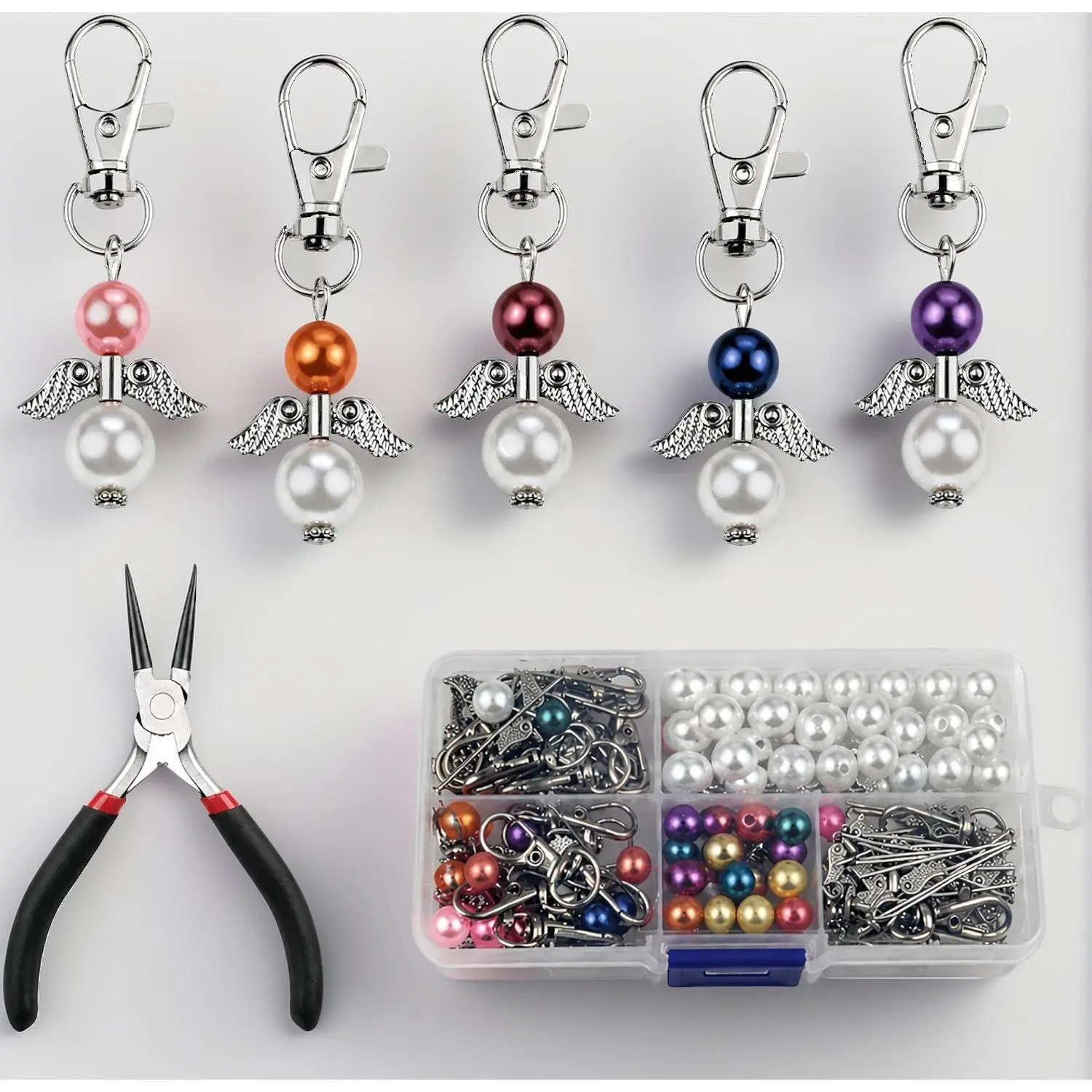 180-Piece DIY Angel Pendant Keychain Making Kit – Includes Alloy Wing Spacers, Imitated Pearl Beads, Lobster Clasps & Pliers, Jewelry Repair & Crafting Supplies for Women & Adults (White Pearl)