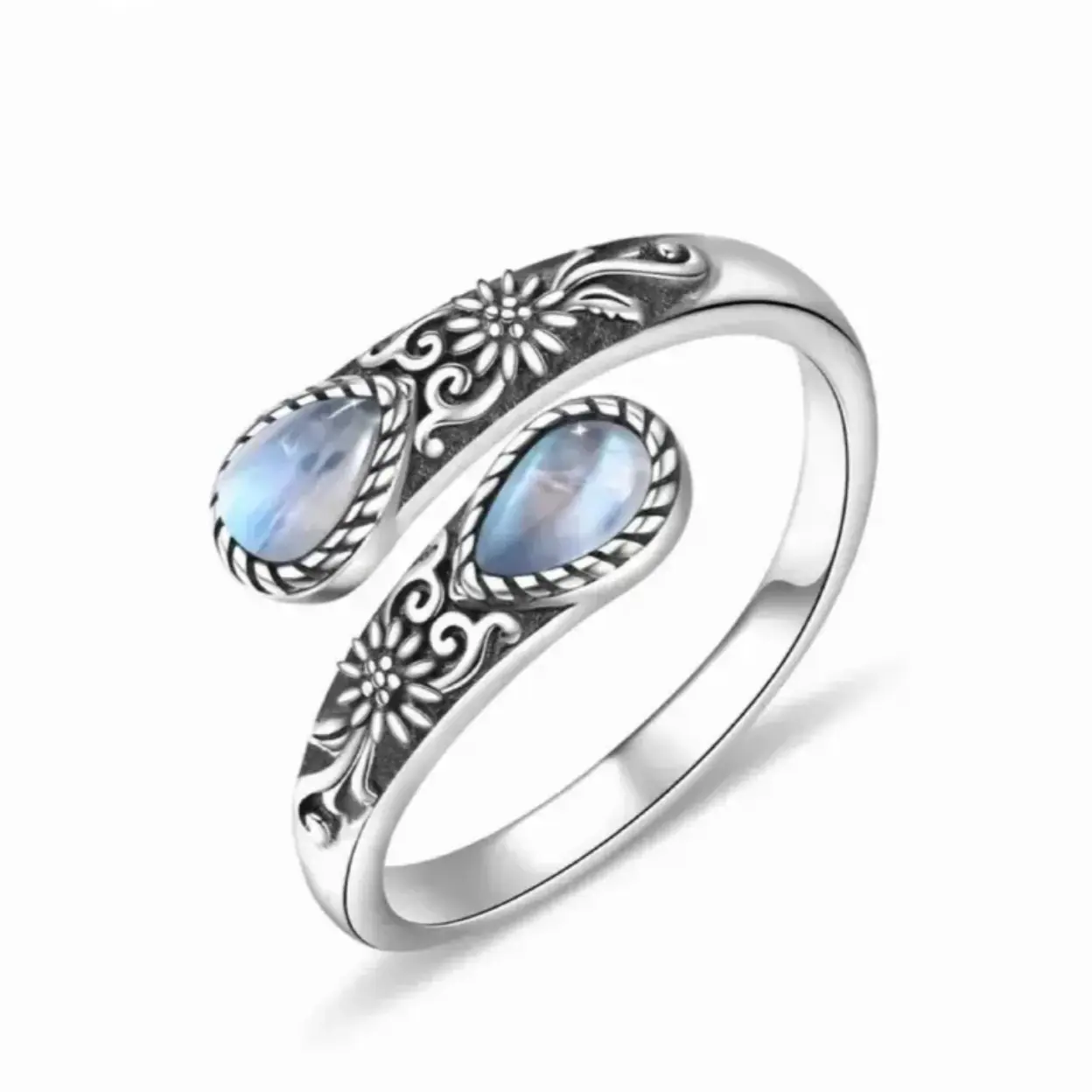 Women's Vintage Moonstone Ring, Elegant Sterling Silver with Floral Engraving, Adjustable Open Design for Everyday Party Wear, Adjustable Open Rings, Classic
