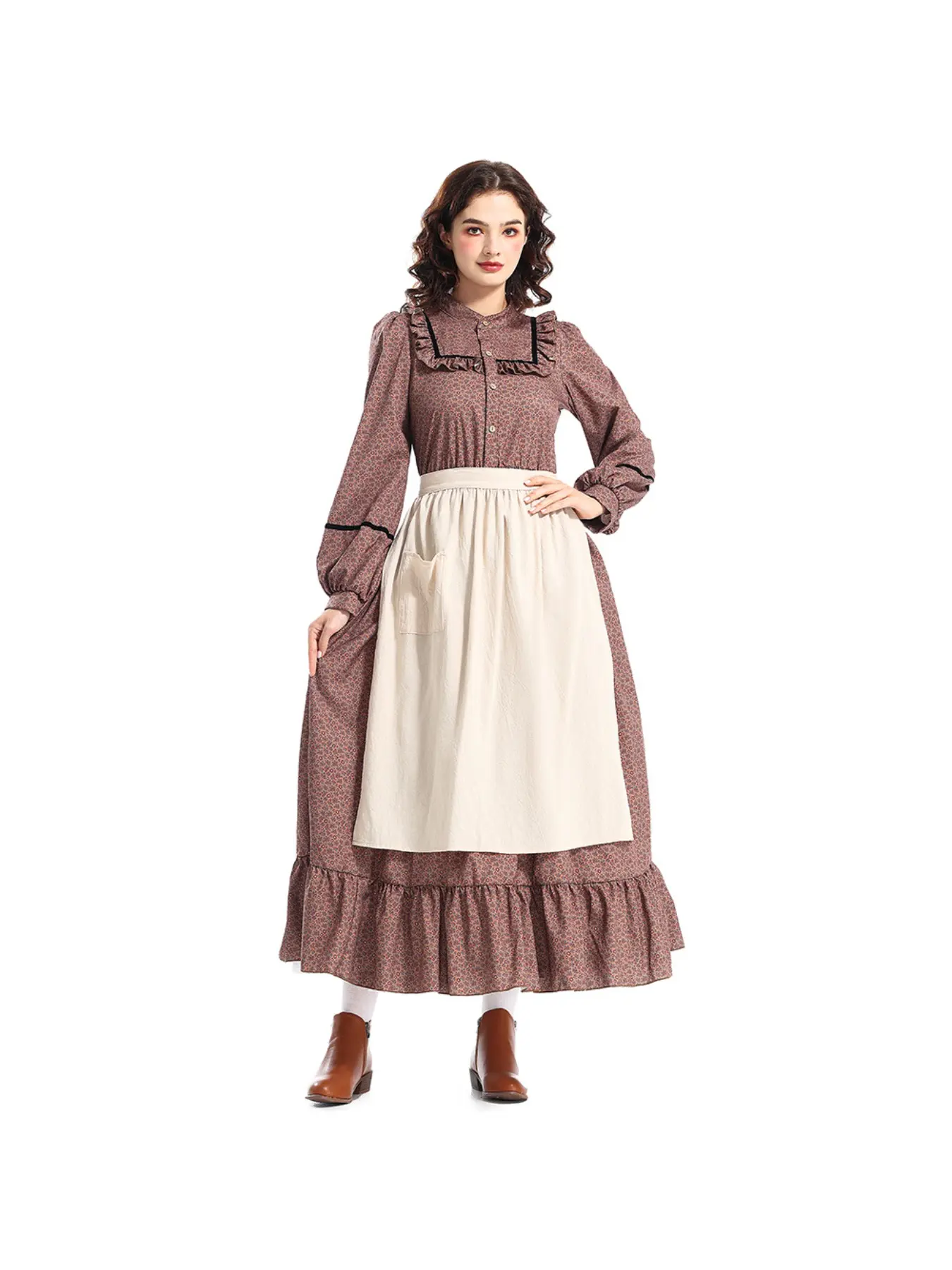 Women’s Victorian Prairie Floral Dress Brown Colonial Pioneer Costume Halloween Medieval Outfit