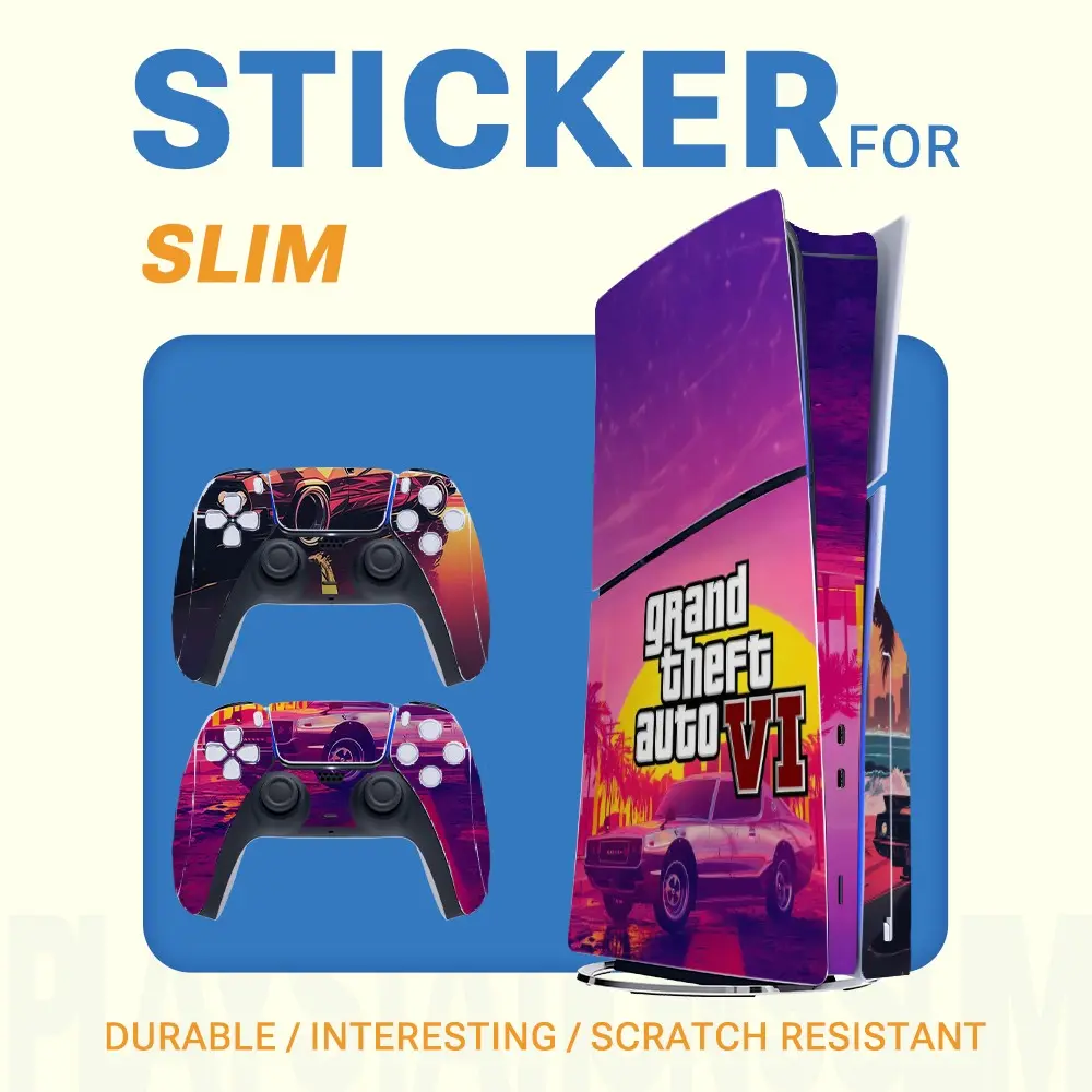 Vintage Urban Sports Car Sunset Neon Art Vinyl Sticker for Ps5 Slim, Waterproof Removable Game Console Decal, Controller Protection Film Neon Artwork