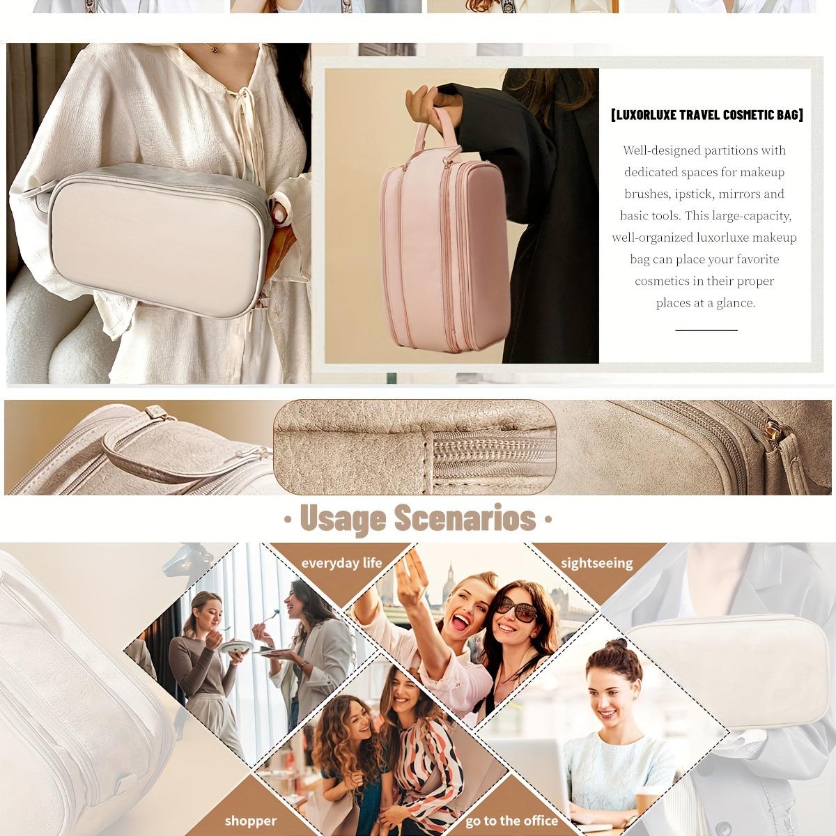 Women's Large Capacity High-Quality Makeup Bag - Pink  Travel Makeup Organizer, with faux leather lining, multiple zippered pockets and wrist strap, suitable for storing brushes, toiletries, jewelry, and toiletries|Organized toiletry bag|Practical