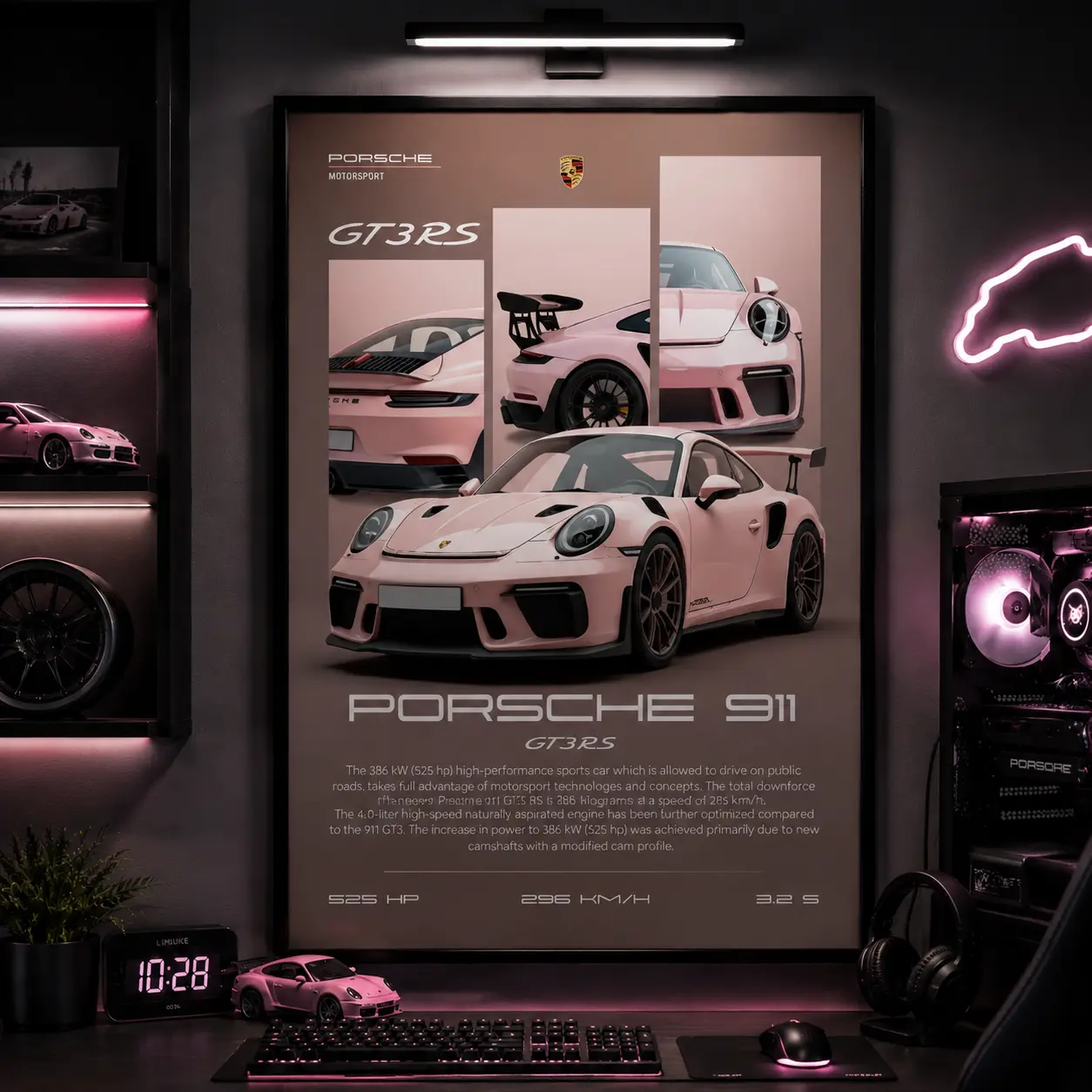 PORSCHE 911 GT3 RS Pink Canvas Wall Art Poster Porsche Motorsport Luxury Supercar Decor HD Print Modern Aesthetic Garage Man Cave Bedroom Living Room Automotive Gift for Car Enthusiasts Collectors