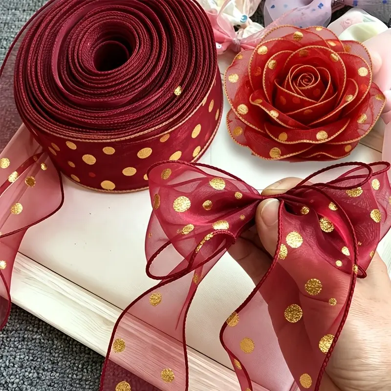 9m Chiffon Net Ribbon Gold Foil Polka Dot Decorative Ribbon, Valentine's Day Gift, Cake Decoration, Flower Arrangement Ribbon