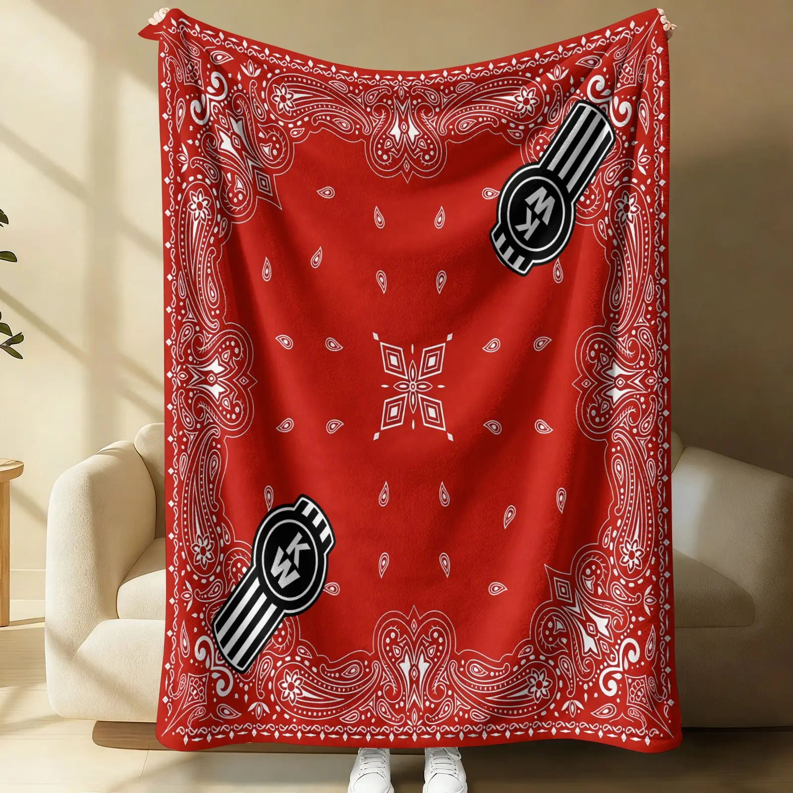 Red Bandana Paisley Flannel Blanket, Red KW Logo Paisley Bandana Print Throw Blanket, Hip Hop Urban Warm Blanket for Teen Boys Girls, Soft Y2K Street Style Gift Blanket, Cozy for Couch Bed Sofa