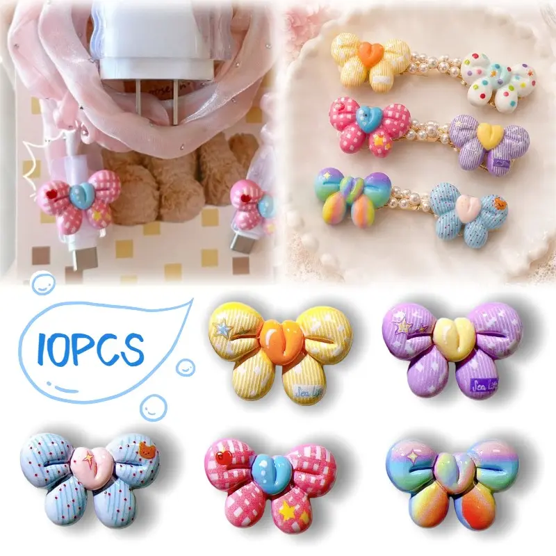 10 Pcs Rainbow Heart Bow Resin Accessories, DIY Craft Supplies, Water Cup Hair Accessory Stickers, Handmade Material Kit