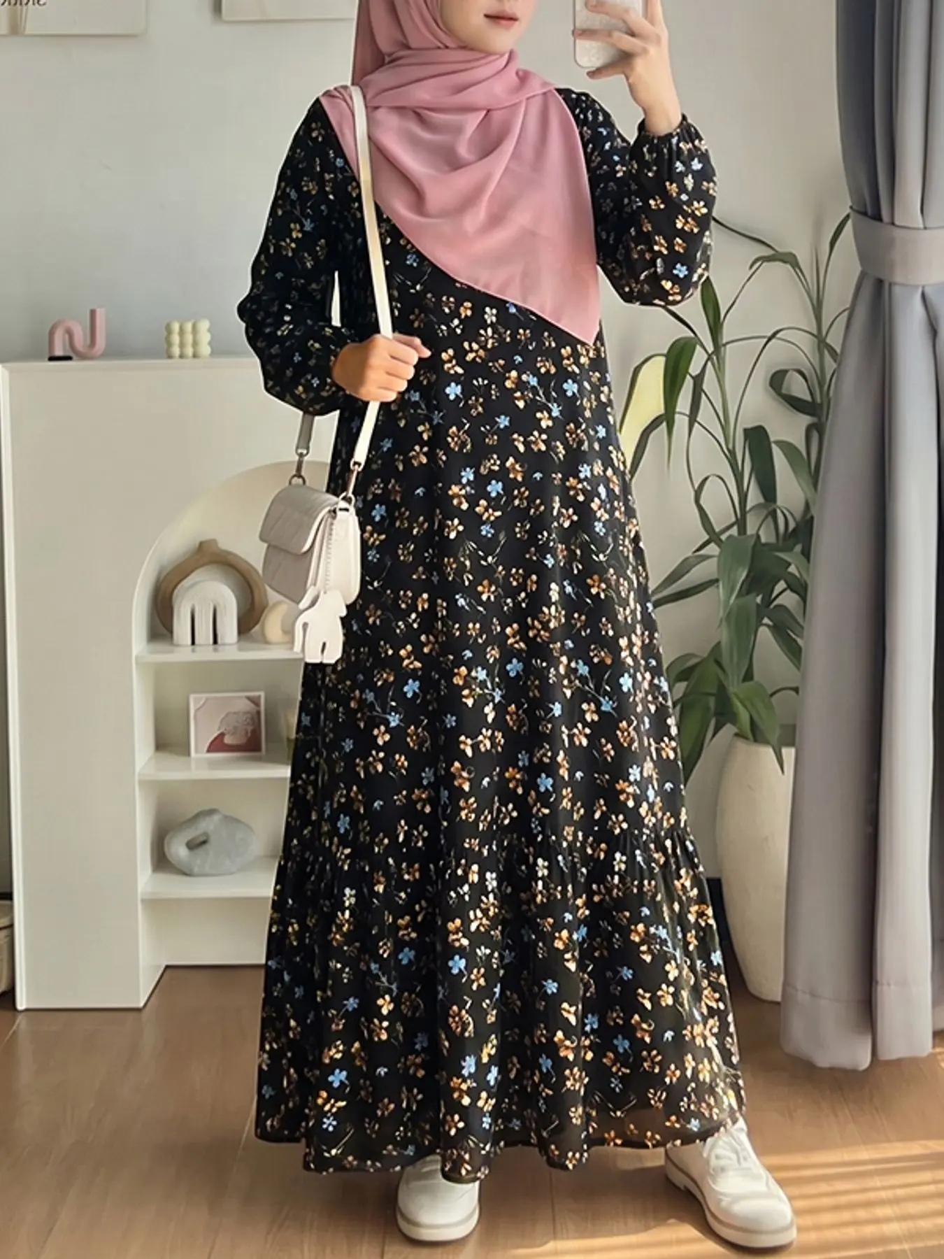 Women's Floral Loose Fit Lantern Sleeve Long Dress, Casual Long Sleeve Round Neck Maxi Dress, Modest Dress, Spring & Fall Fashion, Modest Muslim Outfits