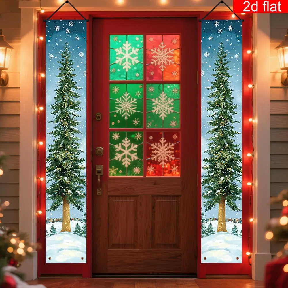 2D Flat Banner 1pc, Winter Party Banner with Snowflake Pine Tree Design, Polyester Front Door Porch Sign, Christmas New Year Decor