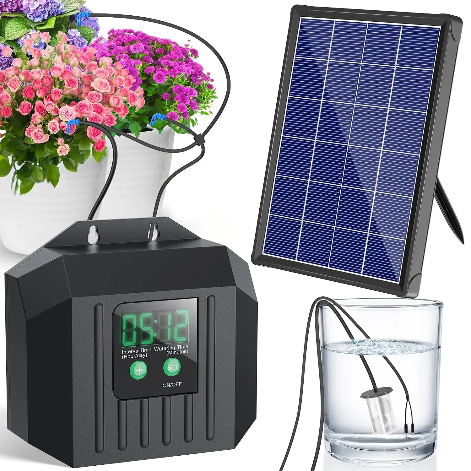 4W Solar  Automatic Drip Irrigation Kit with LCD Timer, Customizable Watering Duration 1–30min & Interval 3h–7d, Solar Irrigation System for 15 Potted , Garden, Patio,