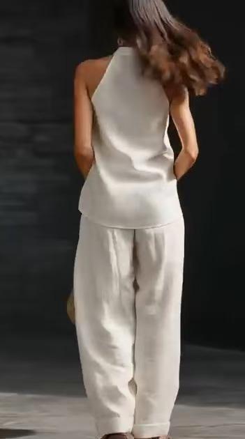 Boho Linen Two Piece Set - Perfect for Beach, Vacation & Brunch! Halter Neck Sleeveless Top Wide Leg Pants Set # TwoPieceSet # LinenSet # WideLegPants # HalterNeck # SummerOutfit # BohoFashion # CasualWear # Outfit of the Day # WomensFashion