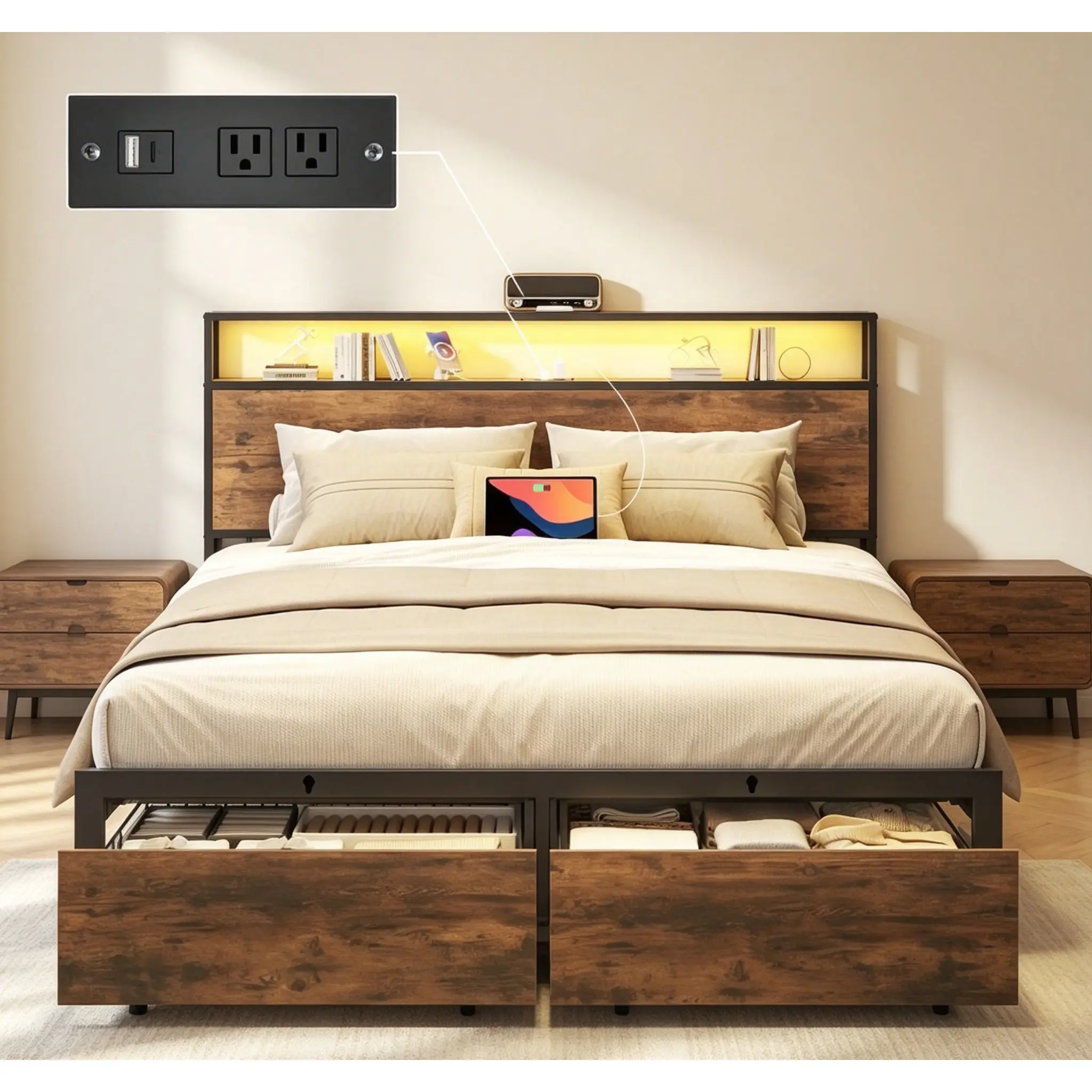 Vintage Brown Storage Double Bed Frame (Fits Queen/Full Size Mattresses), Double-Layer Storage Headboard with Built-In Drawers, Metal Slat Bed Base, Equipped with USB Charging Ports and Ambient Light Strips, Silent Design, No Box Spring Required, Easy to